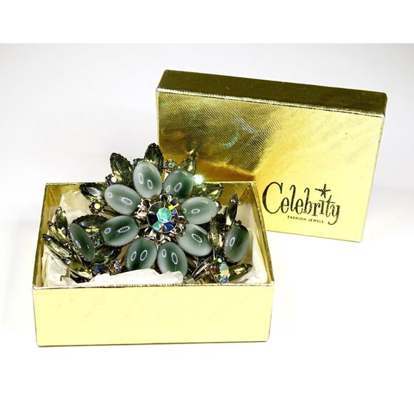 Celebrity Gray Cabochon & AB Rhinestones Brooch Earrings Set Vintage Jewelry - Picture 2 of 7